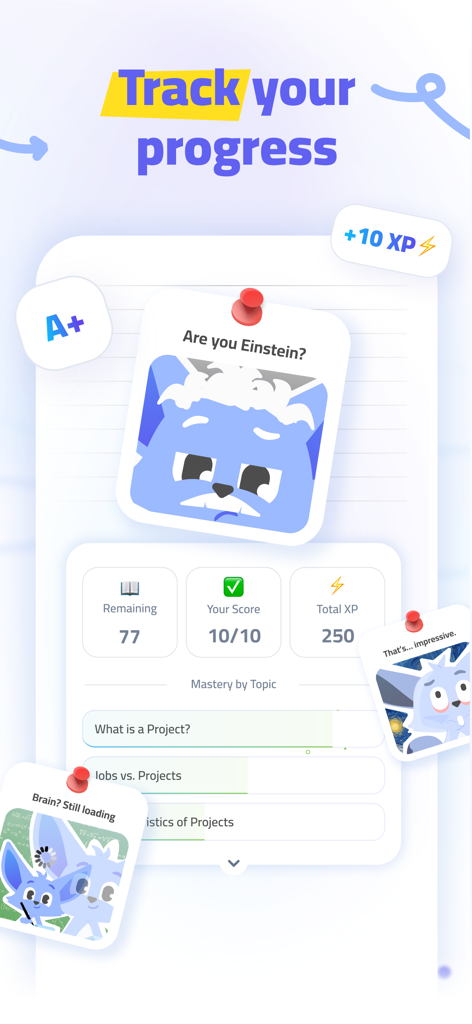 Bites: AI-Powered Studying! - Panel de progreso de estudio en la aplicación Bites que muestra puntajes de cuestionarios, XP y dominio de temas con el personaje zorro