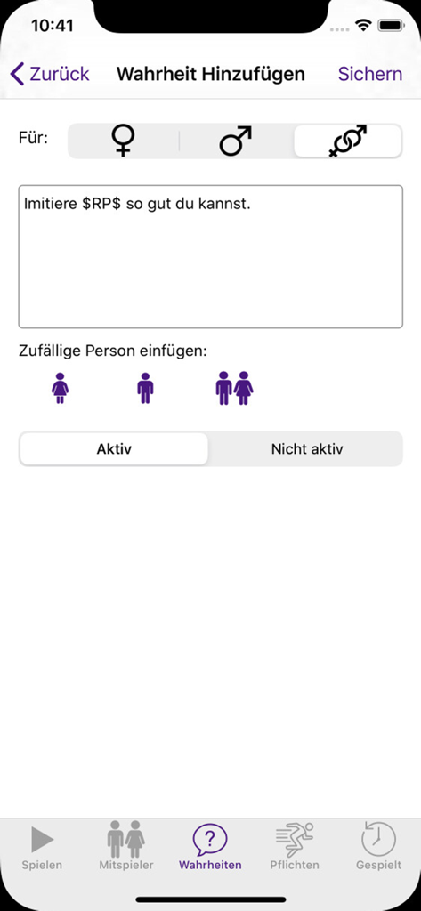 A screen in the Sexy Truth or Dare app for creating custom truth questions with gender selection and random player options