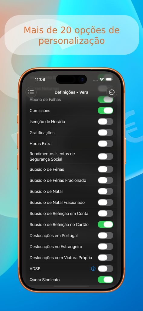 Smartphone screen displaying more than twenty customization options for salary components in the Salario Liquido app.