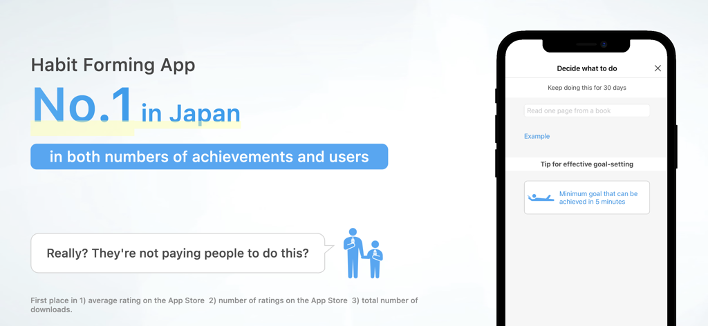 Interfaz de la aplicación Habit: Rastreador de rutinas mostrando la configuración de metas y su clasificación n.º 1 en Japón.