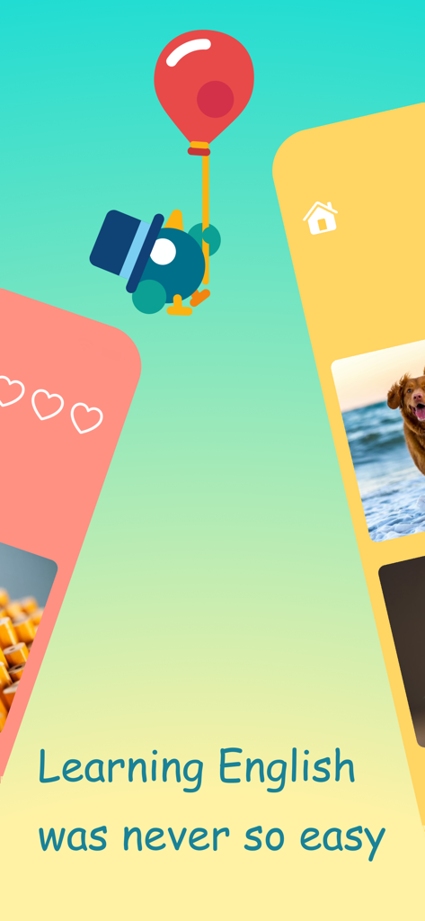 Learn English Playing Big Ben - A blue bird mascot floating with a balloon in the Big Ben English app interface with the slogan Learning English was never so easy