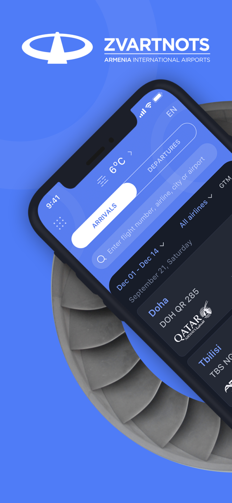 Zvartnots Airport - Zvartnots Airport mobile app interface showing flight arrivals including Qatar Airways from Doha