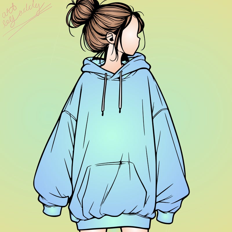 realistic girl with a oversized sweatshirt on and a bun