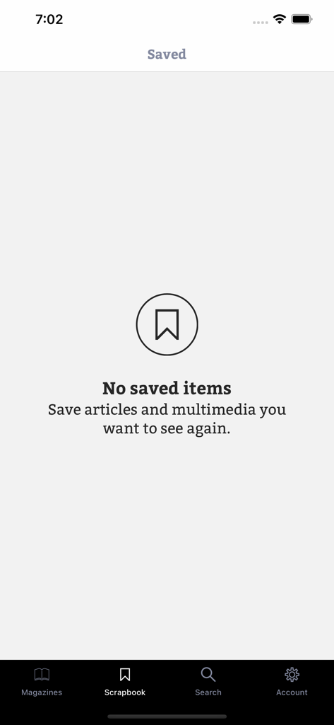 Empty scrapbook screen in the House and Garden app with a message to save articles and multimedia.