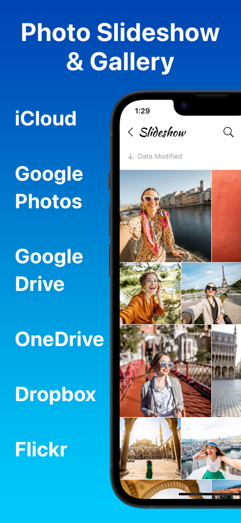 PixFolioアプリのインターフェース。写真ギャラリーと、iCloud、Googleフォト、OneDriveなどの互換性のあるクラウドサービスリストが表示されています。