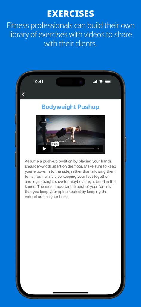 Training App (by GymCloud) - Uma tela de aplicativo móvel exibindo um vídeo de flexão com peso corporal e instruções detalhadas de forma.