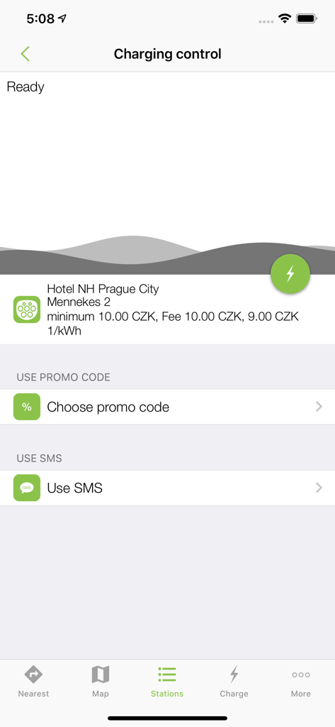 Polyfazer - Polyfazer app mobile interface showing charging control settings for an electric vehicle station in Prague