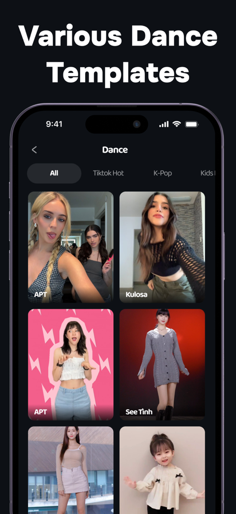 AI Videos: Hug, Kiss & Dance - Smartphone screen showing various AI dance templates for TikTok and K-Pop videos