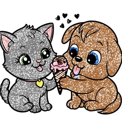 a kitty and a puppy sharing an ice cream
