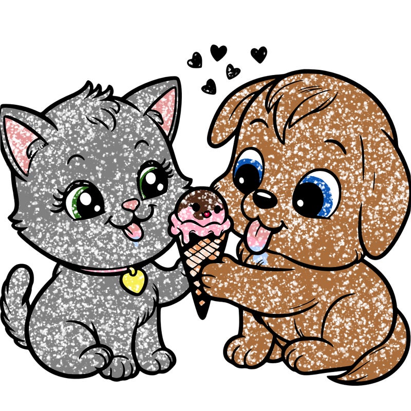 a kitty and a puppy sharing an ice cream