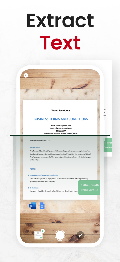Mobile app interface showing the extract text feature scanning a business document for conversion