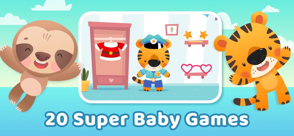 Baby Games for Kids - Babymals - Captura de pantalla de la aplicación Babymals con un tigre con uniforme de policía y un personaje de perezoso con el texto 20 Super Baby Games.
