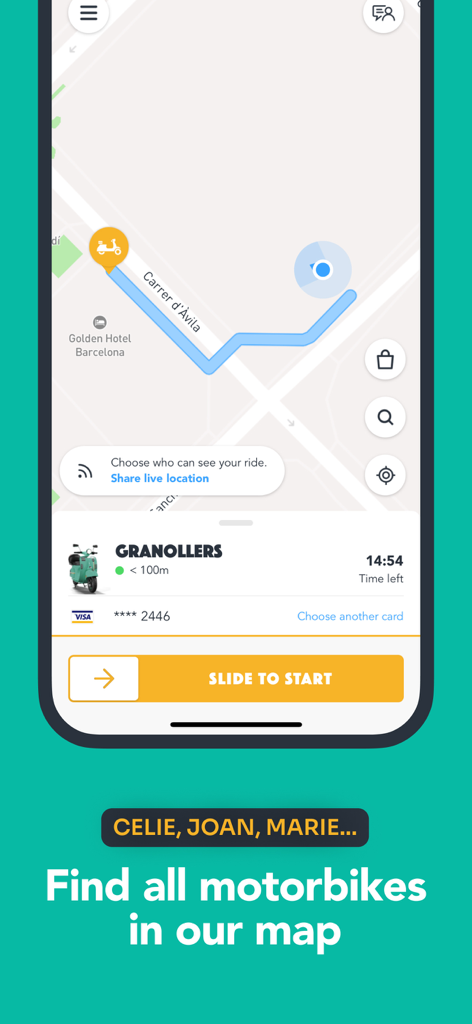 YEGO Mobility - Interface cartographique de l'application YEGO montrant l'itinéraire vers un scooter électrique et un bouton coulissant pour démarrer