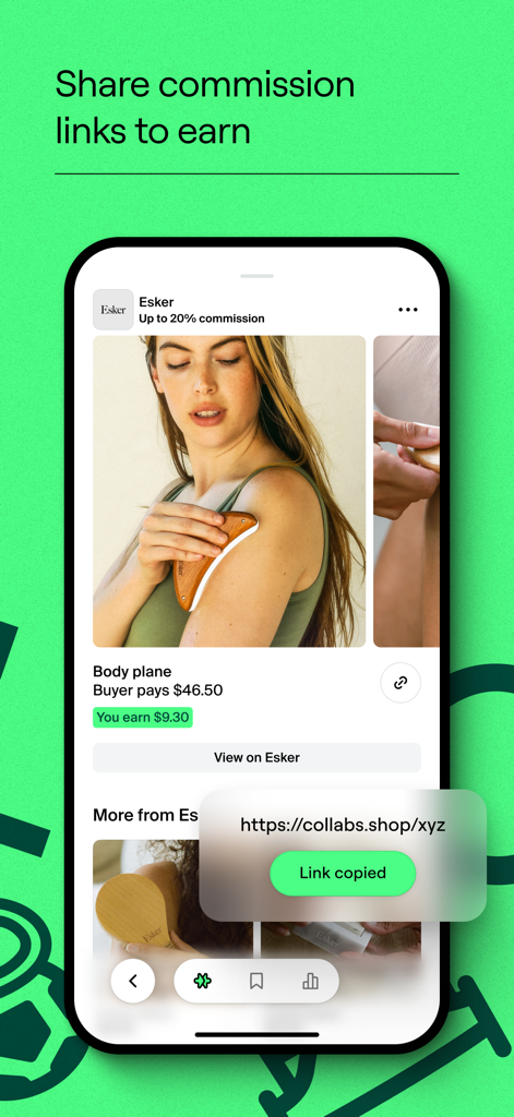 Interfaz de la app Shopify Collabs que muestra los detalles de la comisión del producto y la confirmación de que el enlace se ha copiado.
