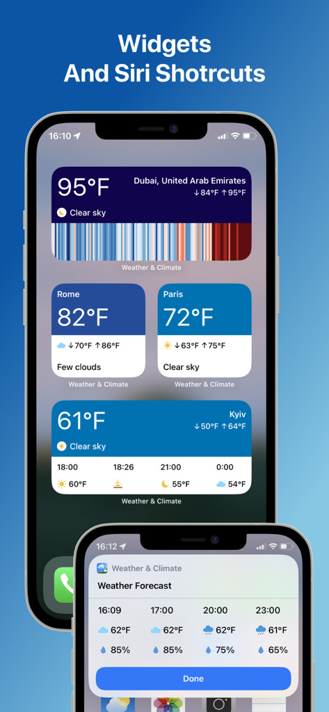 Weather and Climate Tracker - iPhone home screen displaying high-contrast weather widgets and Siri shortcuts with large text for multiple cities.