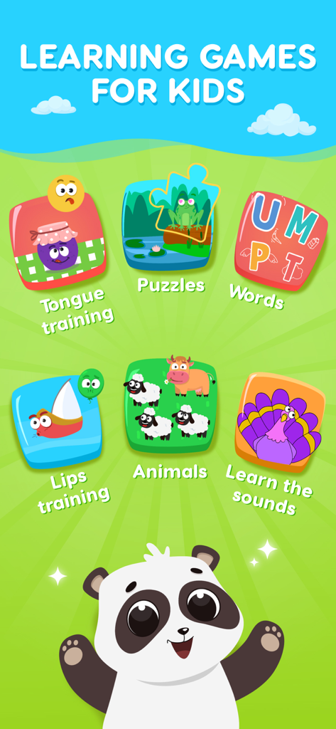 Speech Therapy - Mio For Kids - Speech Therapy Mio app menu featuring tongue training puzzles and word games for children