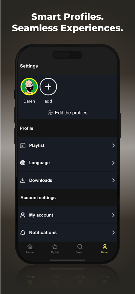 Setiptvpro - Oberfläche der Setiptvpro App, die die Auswahl intelligenter Profile und das Einstellungsmenü auf einem iPhone zeigt.