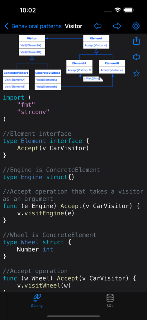 Go code implementation and diagram for the Visitor behavioral design pattern.