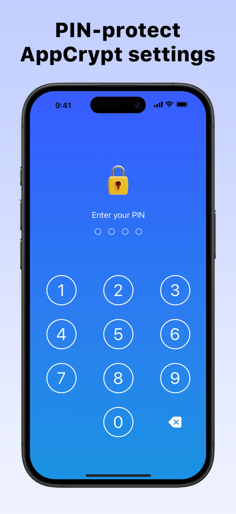 AppCrypt PIN protection interface on an iPhone displaying a numeric keypad and lock icon