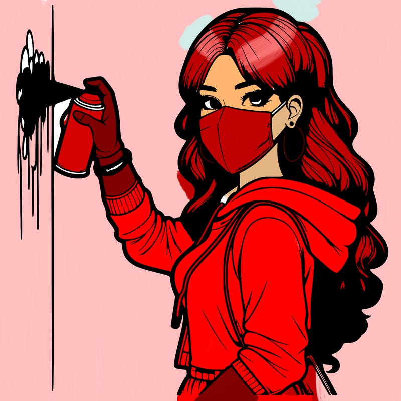 realistic girl with mask spray painting a wall