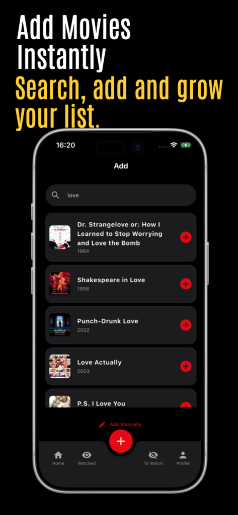 Movie & Series List - A mobile interface for searching and adding movies to a personal watchlist.