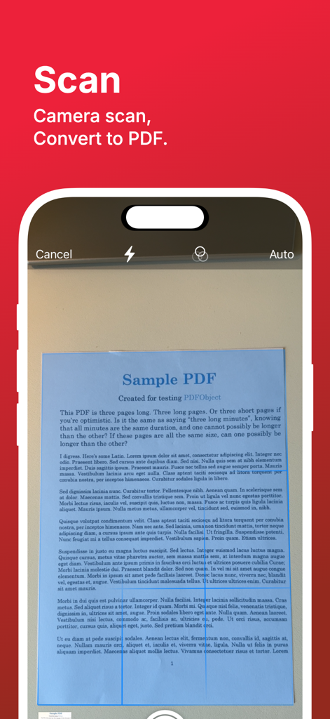 PDF Reader Pro: Scan & Sign - iPhone screen showing the camera scan feature of PDF Reader Pro capturing a document to convert into a PDF