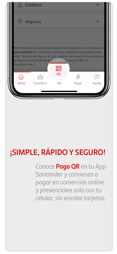 Santander Chile - Interfaz de la aplicación Santander Chile que destaca la función Pago QR para pagos rápidos y seguros usando un teléfono móvil.