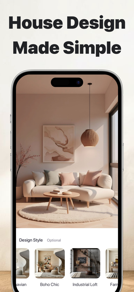 Pantalla de la aplicación House Design AI que muestra una sala de estar moderna y opciones de estilo de diseño de interiores