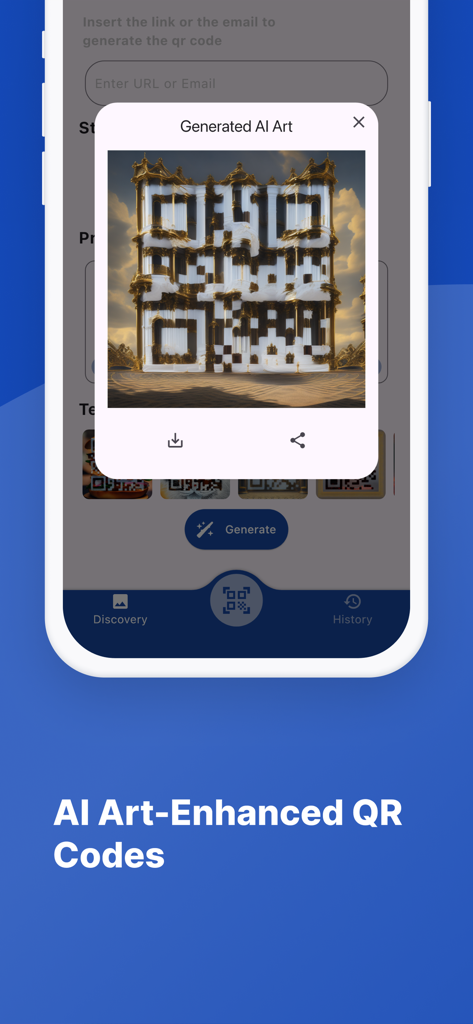 ARTQR:AI Art QR Code Generator - A mobile app interface displaying a generated AI art QR code with a white and gold architectural design