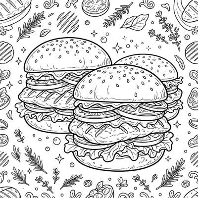 Get ready to color a mouth-watering scene of three perfectly grilled chicken burgers, layered with fresh ingredients. This detailed line art is ideal for anyone who loves food and creative relaxation.
