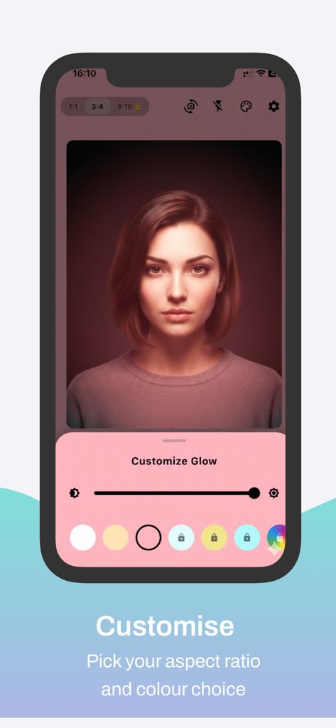 LittyCam & GlowCam: GlowUp - A screenshot of the LittyCam app showing the interface to customise glow color and brightness for a selfie.