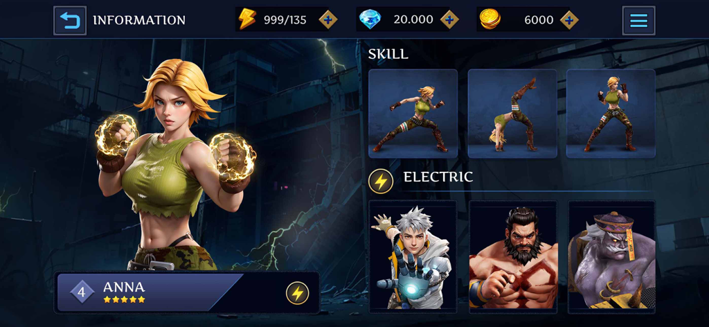 Legend Fighter: Mortal Battle - Pantalla de información del personaje de Anna en Legend Fighter Mortal Battle mostrando sus habilidades de atributo eléctrico y aliados