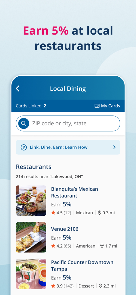 RaiseRight app screen showing local restaurants where users can earn 5 percent for fundraising