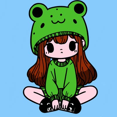 a girl wearing a frog hat and some frog socks