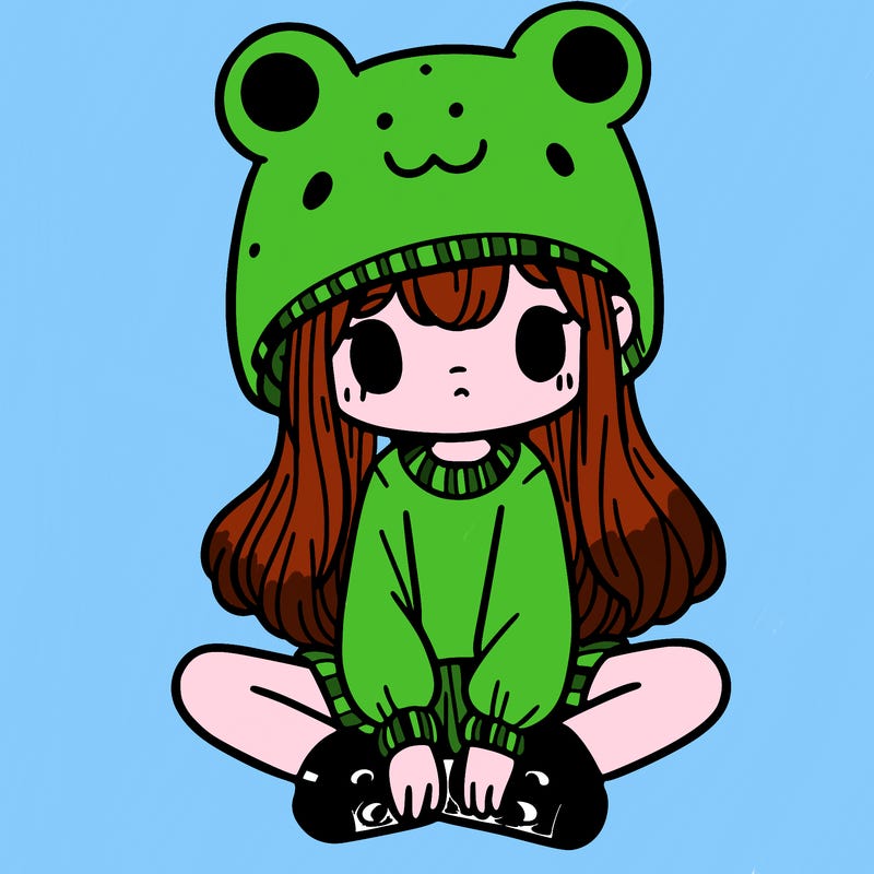 a girl wearing a frog hat and some frog socks