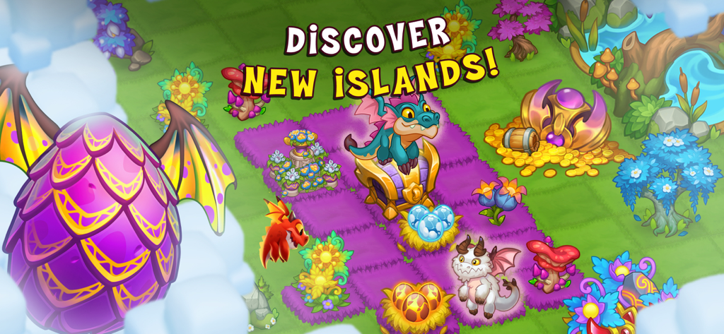 World Above game scene featuring colorful dragons eggs and treasure on floating islands