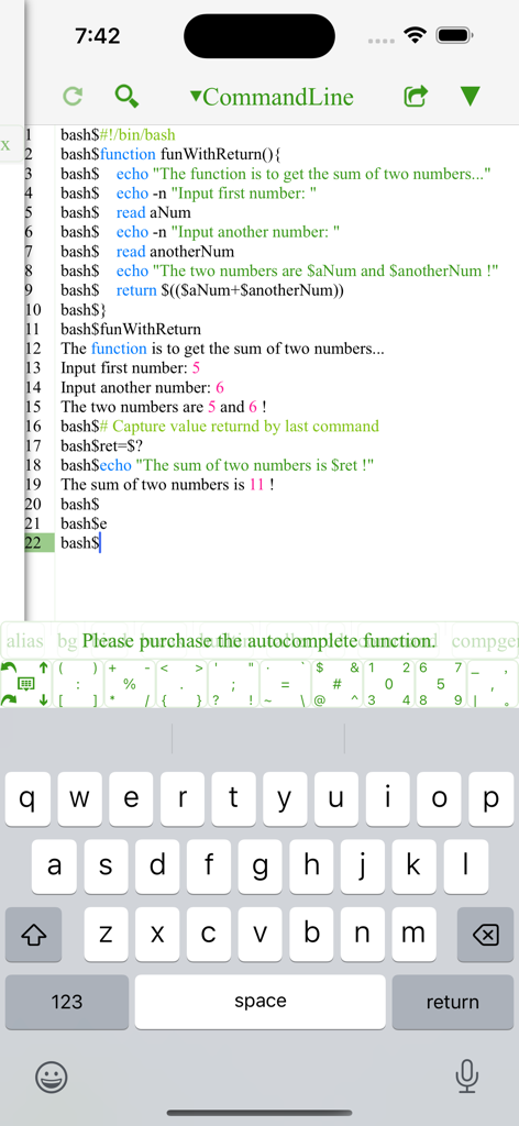 Bash IDE Fresh Edition - Bash terminal interface on mobile showing code execution of a sum function with a specialized developer keyboard.