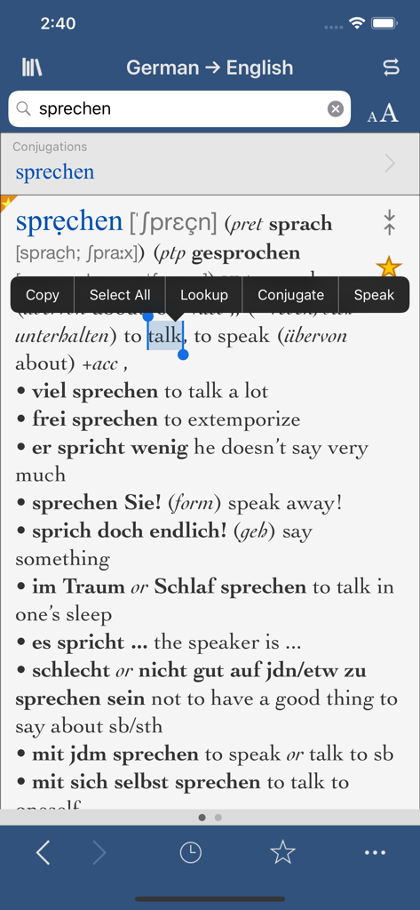 Collins German-English - Screenshot of the Collins German-English dictionary app displaying the definition and usage examples for the German word sprechen.