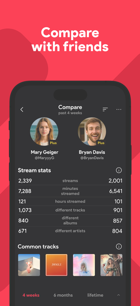 stats.fm for Apple Music - Une interface mobile comparant les statistiques d'écoute musicale et les morceaux communs entre deux utilisateurs dans l'application stats fm.