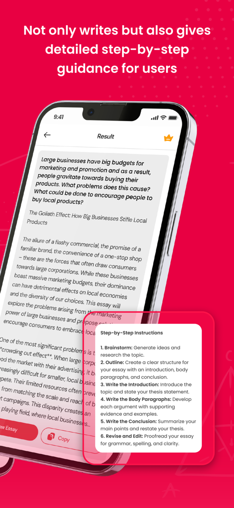 Math.AI - Math Solver - Math AI app interface showing an AI generated essay and step-by-step writing instructions on a smartphone