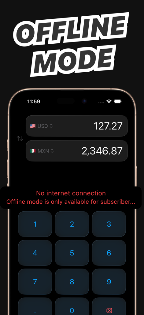 Pesos to Dollars - Conversion - Currency converter interface showing USD to MXN conversion with offline mode notification.