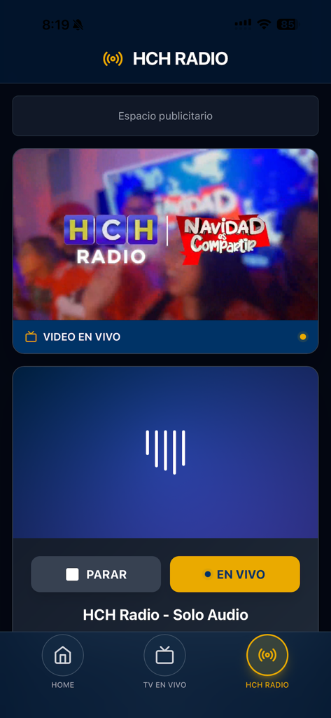 HCH TV - HCH Radio interface with live audio and video streaming options