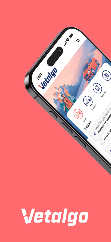 Vetalgo: Vetura Bileta Hotele - Interfaz de la aplicación de viajes Vetalgo que muestra opciones de reserva de viajes para coches, vuelos y hoteles