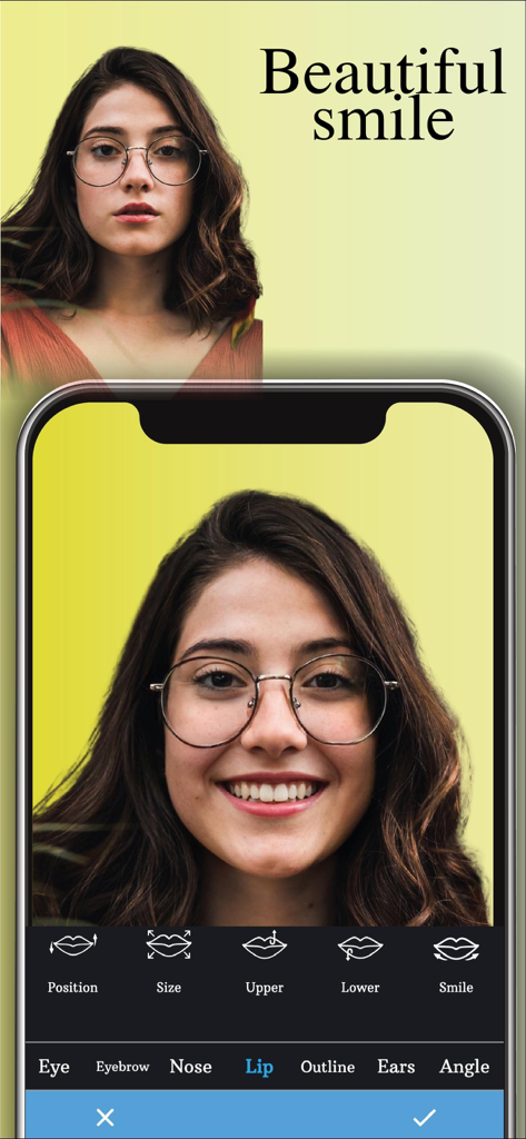 Perfect Face: AI Makeup Editor - A woman using the smile and lip adjustment tools in the Perfect Face AI makeup editor app