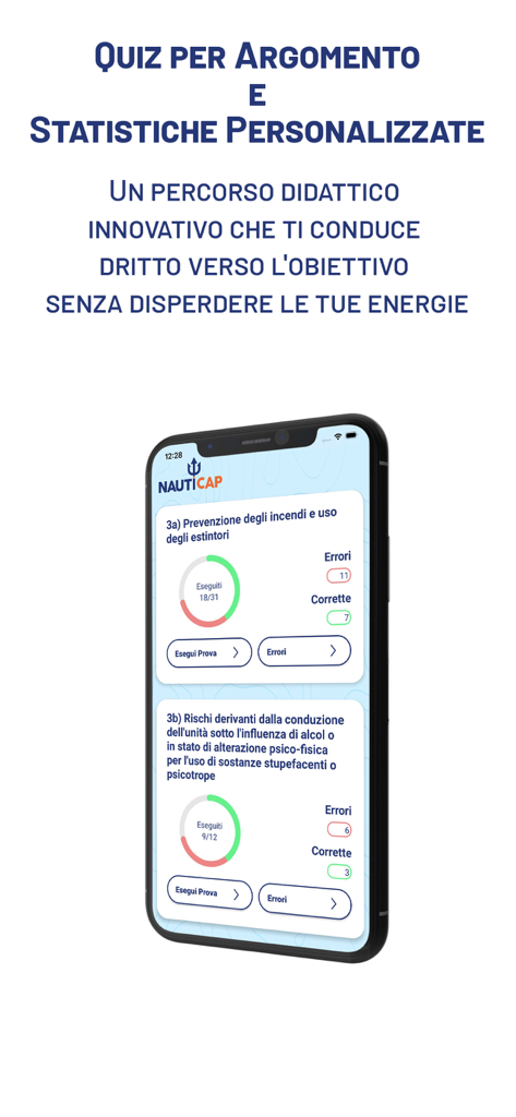 NautiCap - Quiz Patente 2026 - Captura de pantalla de la aplicación NautiCap que muestra temas de tests para permisos náuticos y estadísticas de estudio personalizadas en un teléfono móvil.