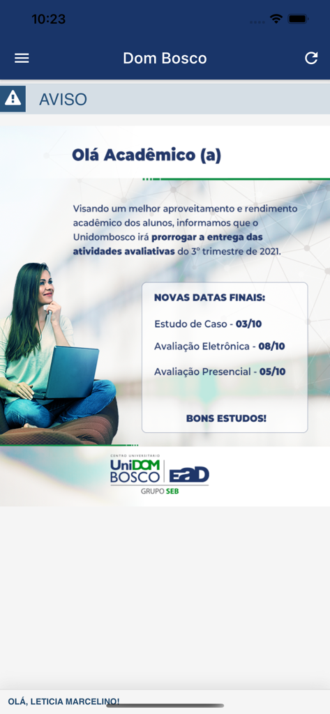 Unidombosco mobile app screen showing an academic notice for students regarding assessment deadlines.