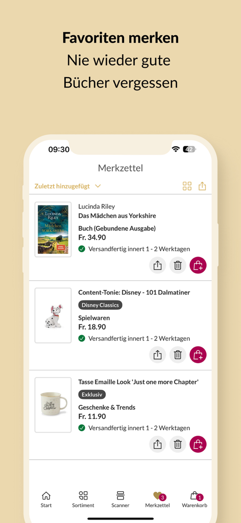 Orell Füssli – Mein Buch - A screenshot of the Orell Fuessli app Merkzettel feature showing a saved book and gift items
