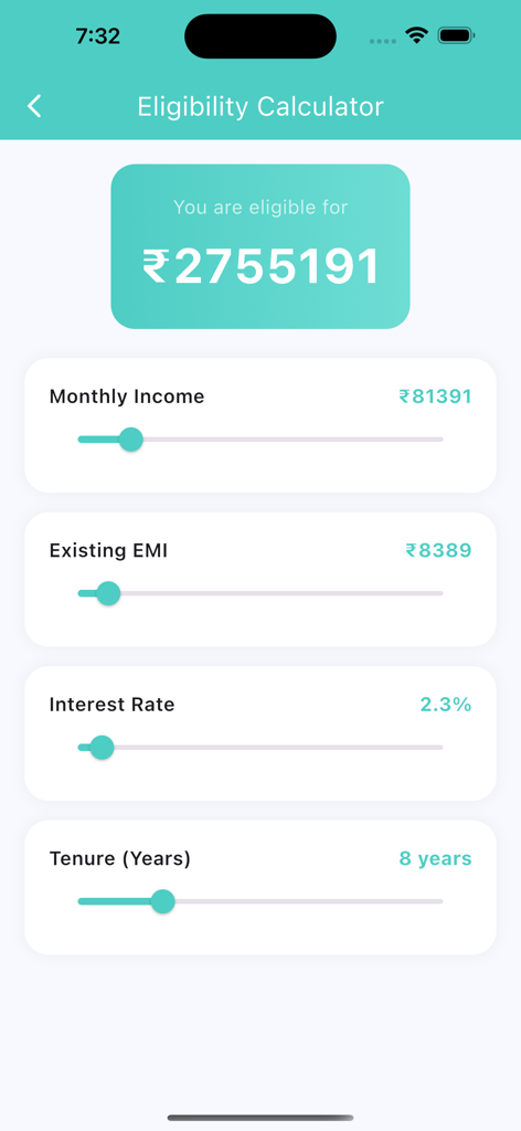 Instant Loan - Calculator App - Instant Loan eligibility calculator interface showing potential loan amount based on income and tenure sliders