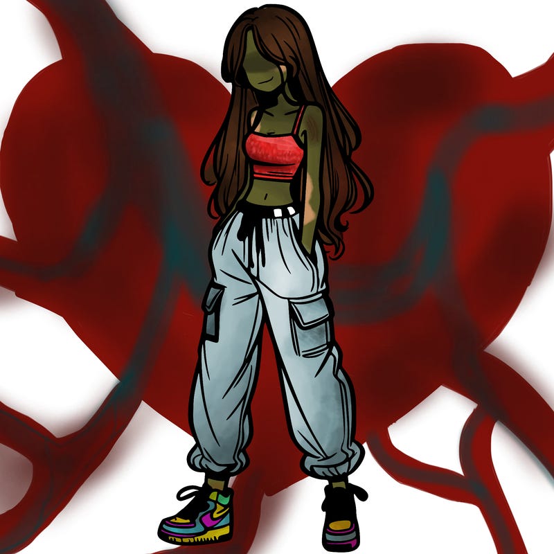 girl in baggy pants crop top and long hair