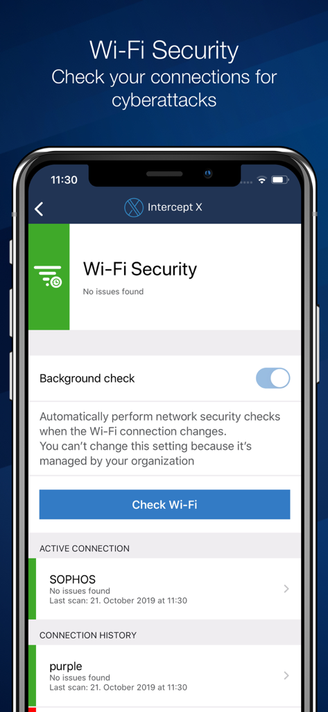 Sophos Intercept X for Mobile - Sophos Intercept X app interface for Wi-Fi security scanning and background connection checks